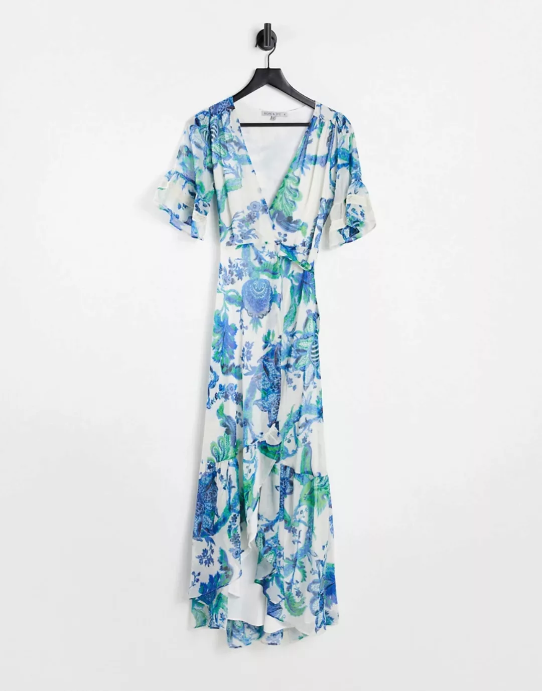 Hope & Ivy – Maxi-Wickelkleid mit Rüschen und Blumenmuster in Elfenbein und günstig online kaufen
