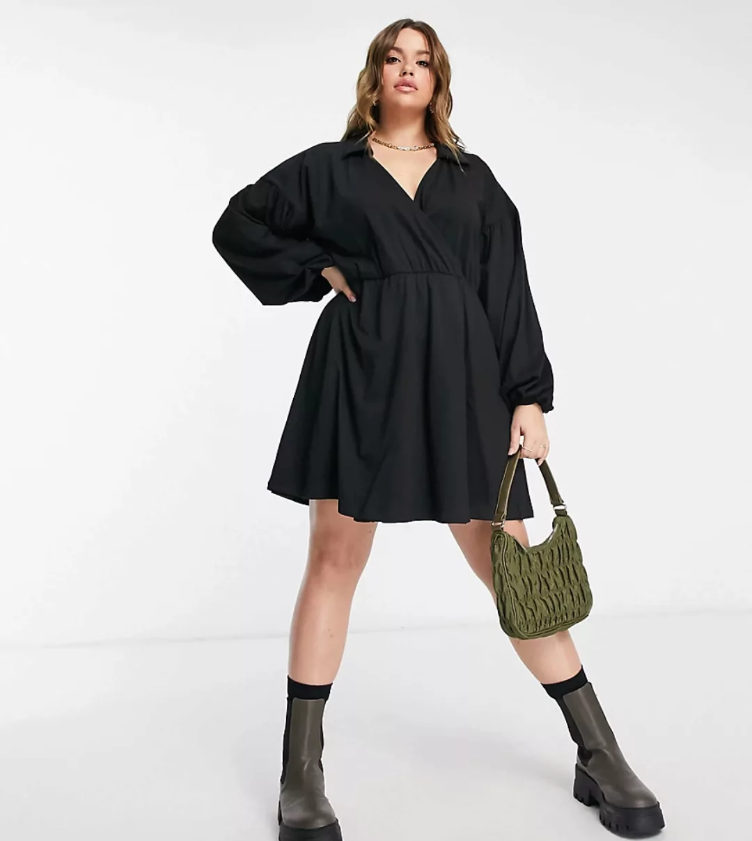 ASOS DESIGN Curve – Mini-Wickelblusenkleid in Schwarz günstig online kaufen