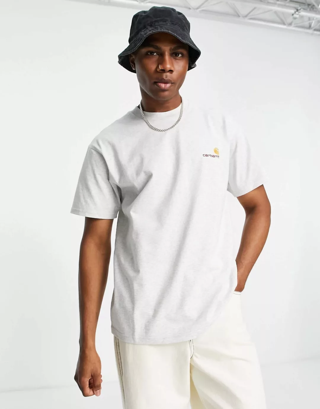 Carhartt WIP – American – Oversize-T-Shirt in Grau mit Schriftzug günstig online kaufen