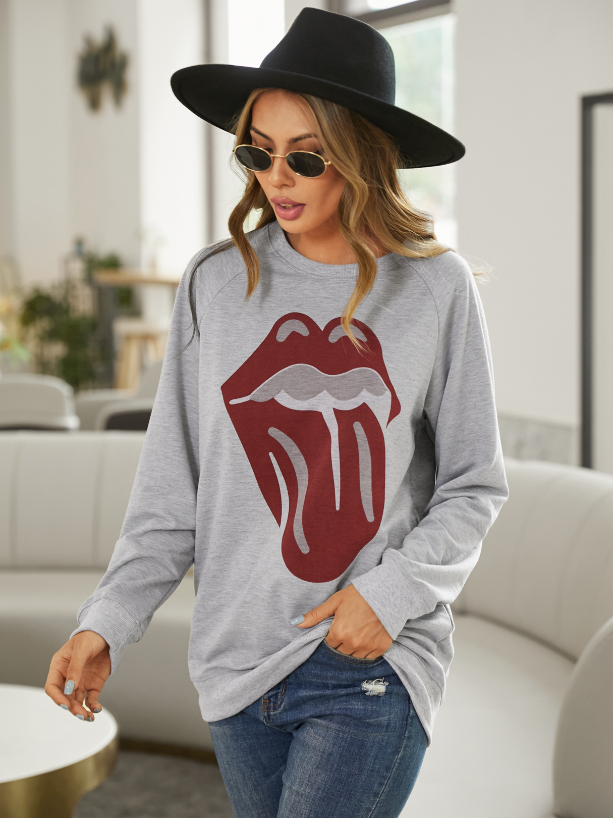 YOINS Lippendruck Sweatshirt mit Rundhalsausschnitt und langen Ärmeln günstig online kaufen