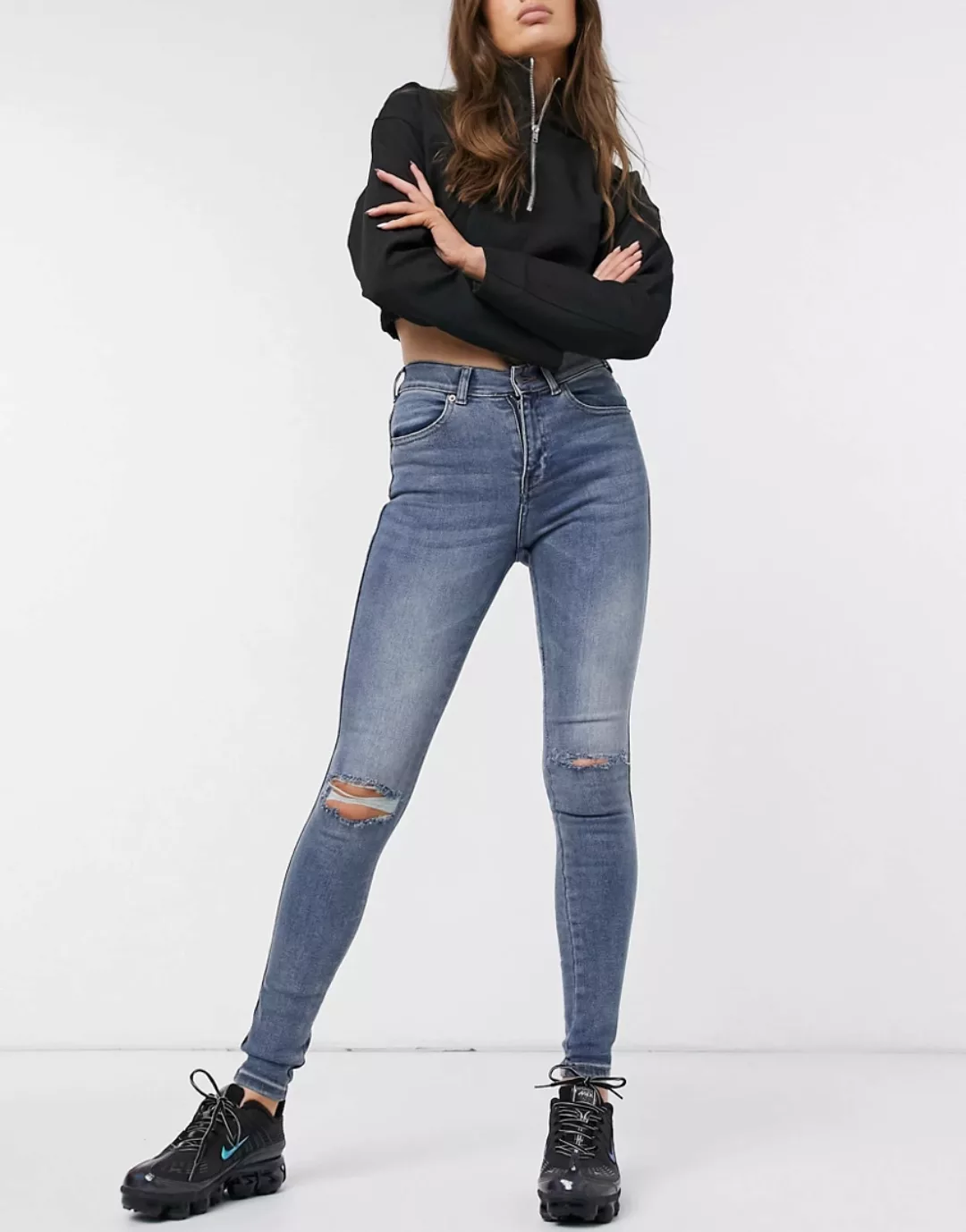 Dr Denim – Lexy – Enge Jeans mit Zierrissen am Knie-Blau günstig online kaufen