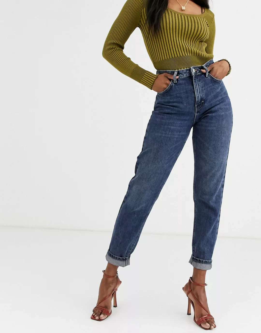 Topshop – Mom-Jeans in dunkler Waschung-Blau günstig online kaufen