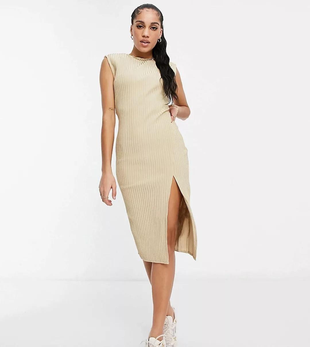 Missguided – Midaxi-Kleid aus Cord mit Seitenschlitz in Beige-Neutral günstig online kaufen