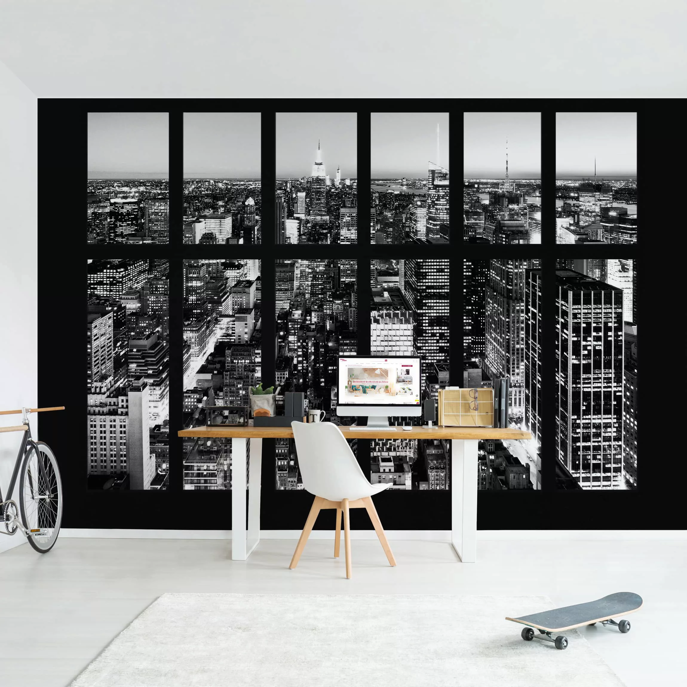 Fototapete Fensterblick Manhattan Skyline schwarz-weiß günstig online kaufen