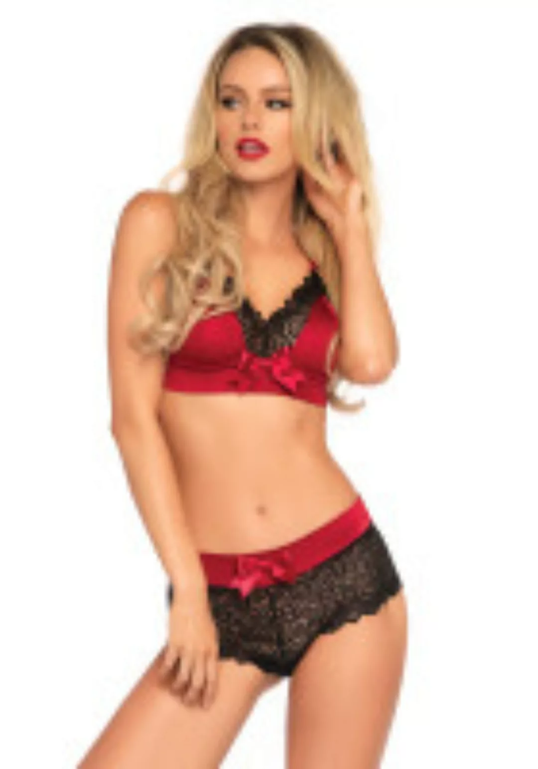 Roter Satin Bralette mit Hot Pants und schwarzer Spitze günstig online kaufen
