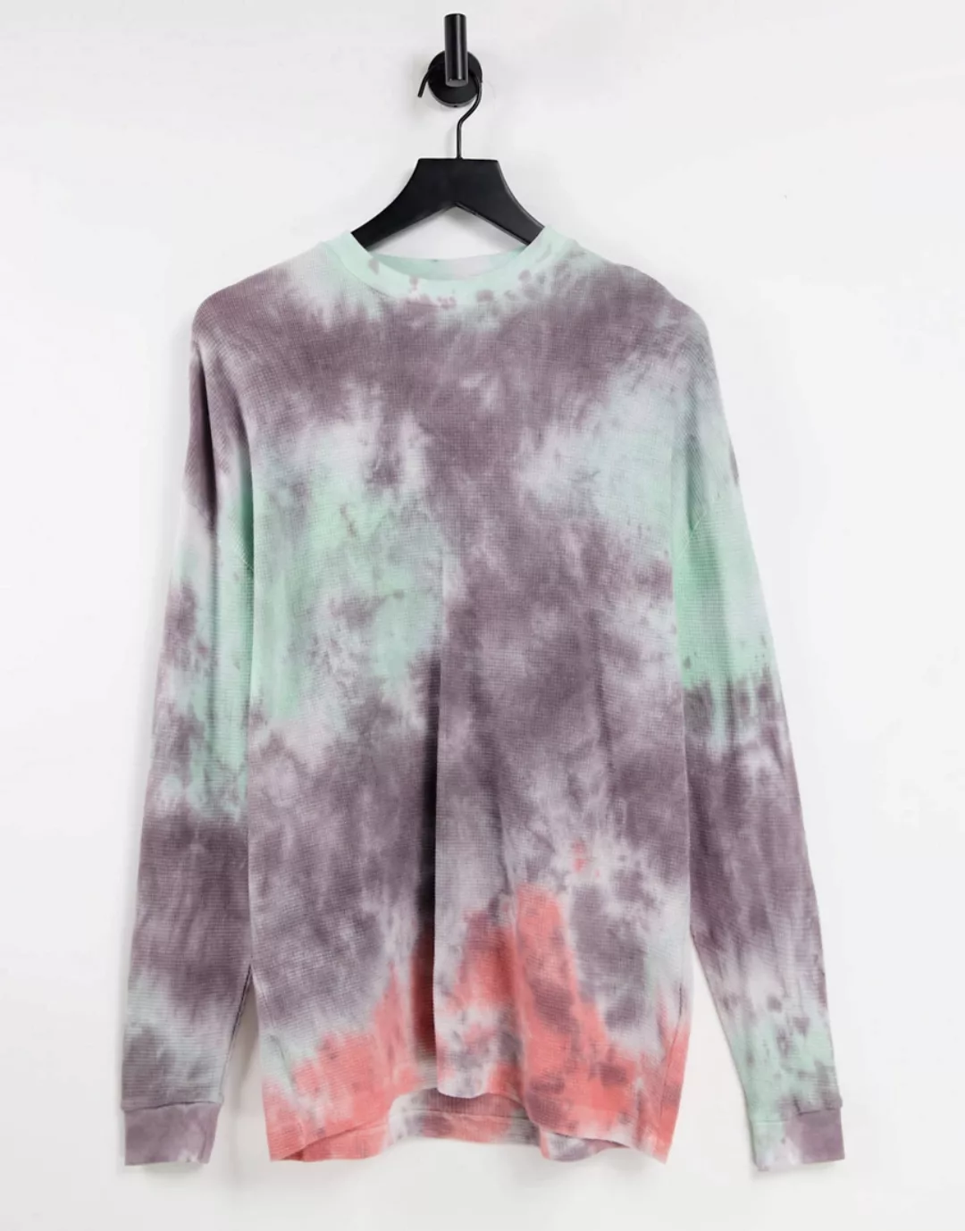 ASOS DESIGN – Langärmliges, geripptes Oversize-Shirt mit Batikmuster-Mehrfa günstig online kaufen