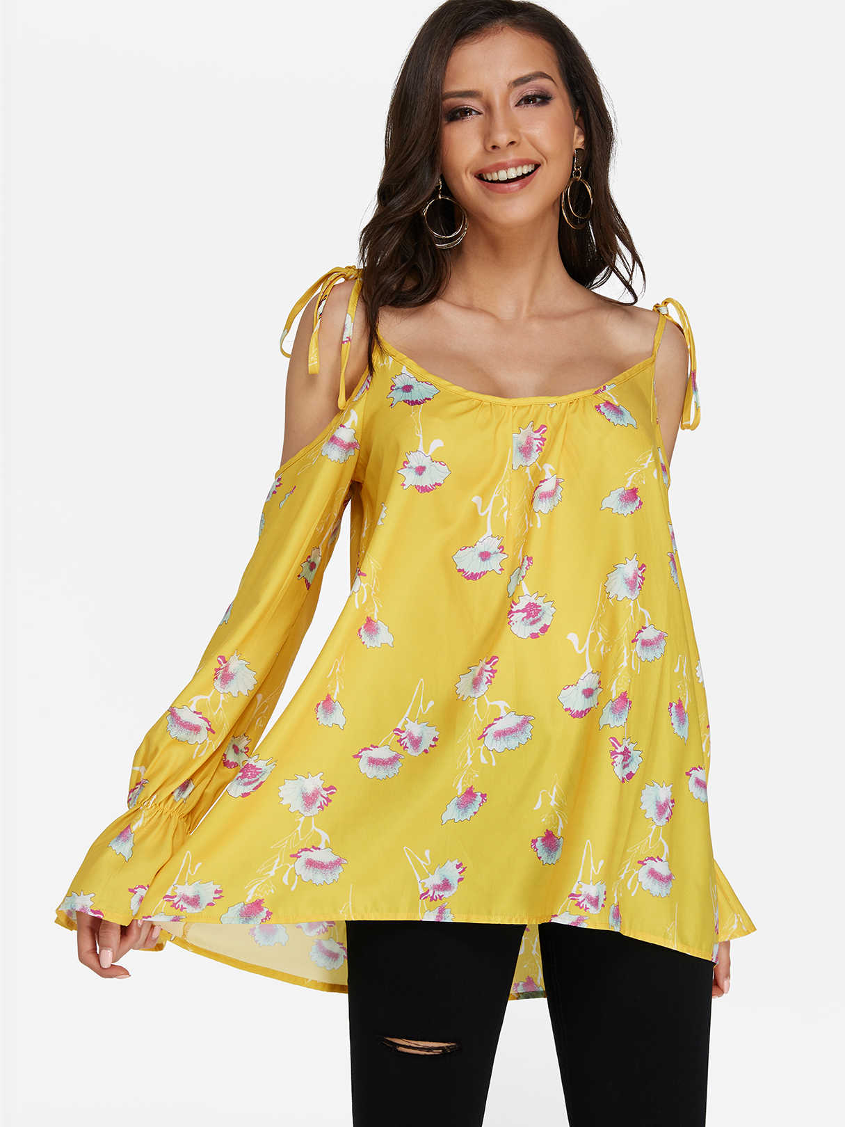Gelbe Bluse mit Kalikodruck und kalter Schulter günstig online kaufen