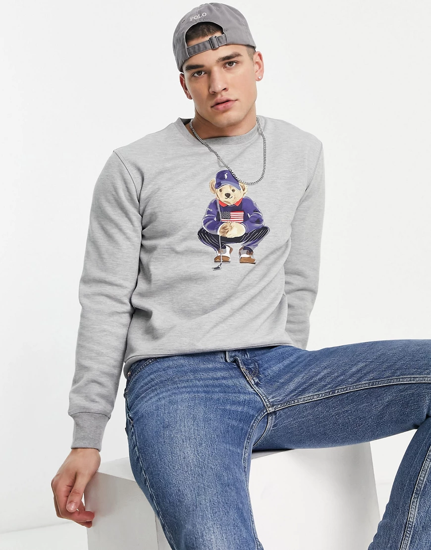 Polo Ralph Lauren – Sweatshirt in Grau meliert mit Bären-Golf-Print günstig online kaufen