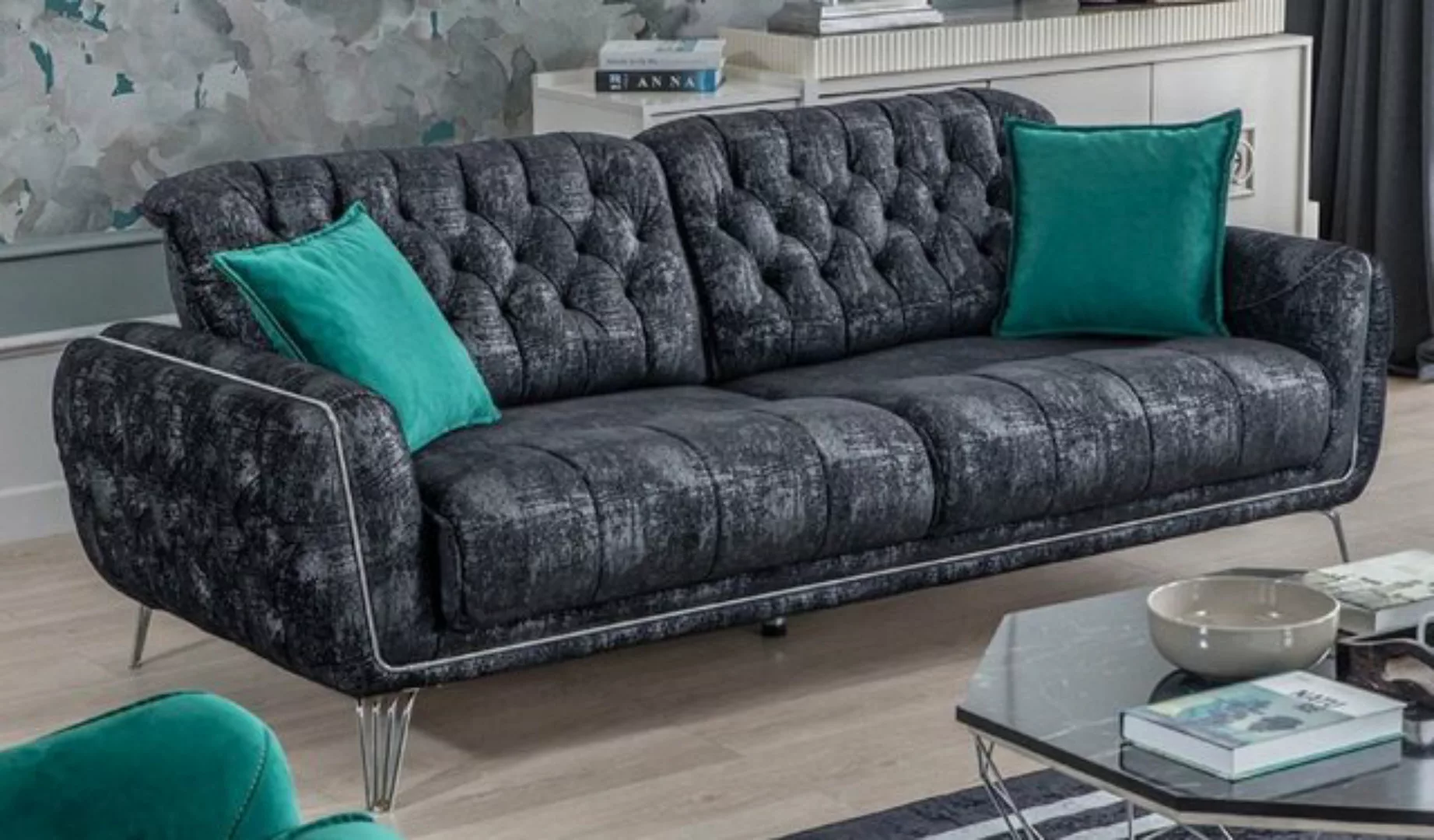 Casa Padrino Chesterfield-Sofa Luxus Chesterfield Schlafsofa Schwarz / Grau günstig online kaufen