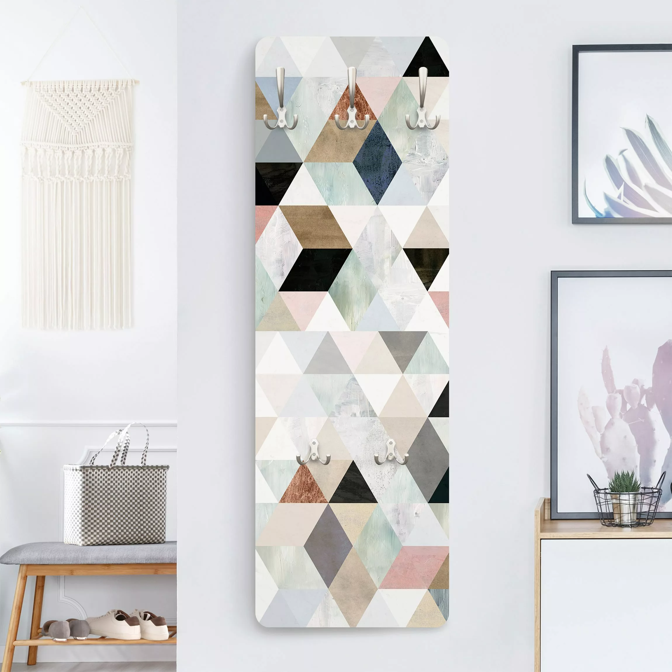 Wandgarderobe Holzpaneel Muster & Textur Aquarell-Mosaik mit Dreiecken I günstig online kaufen